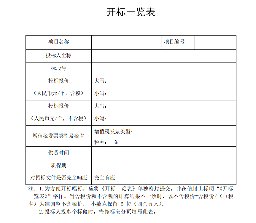 開(kāi)標一覽表 標準格式
