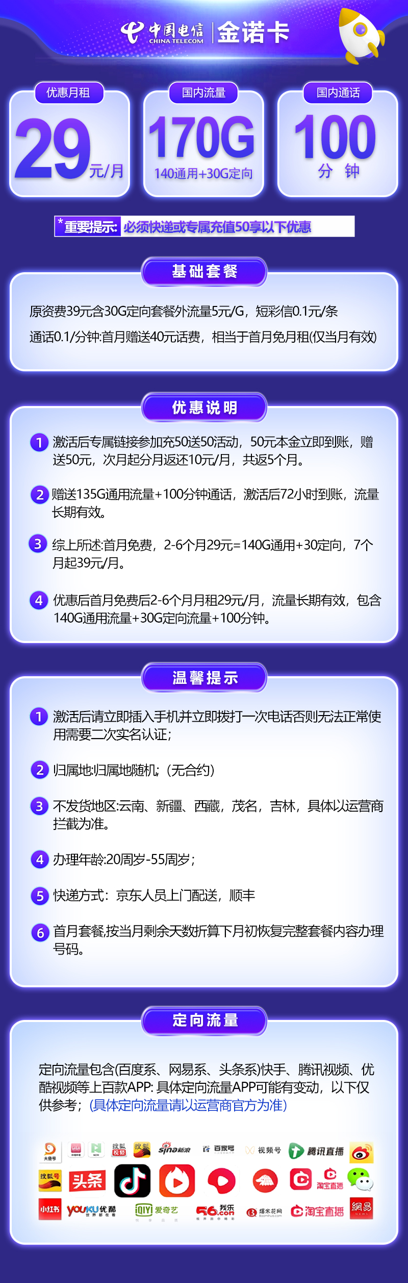 『電信金諾卡』29元流量卡170G流量+100分鐘通話(huà)